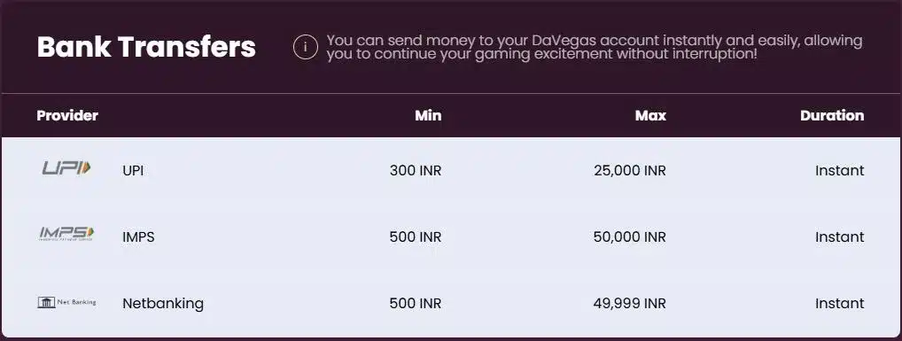 DaVegas bank transfers